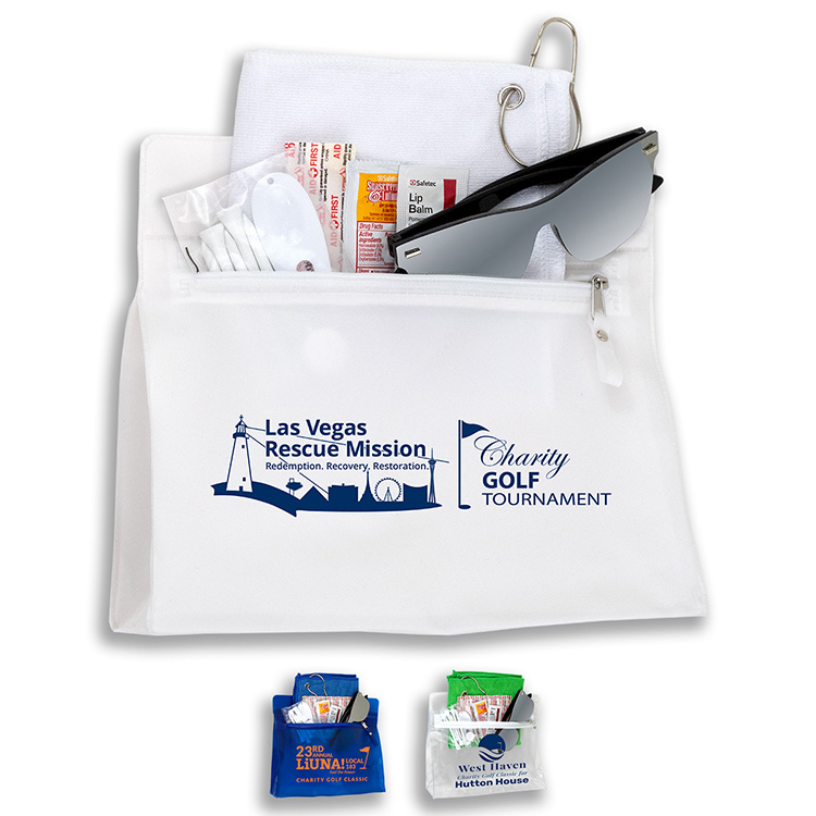 "LAYOVER" 16 Piece Golf Kit in Travel Pack with Components inserted into Zipper Kit 16