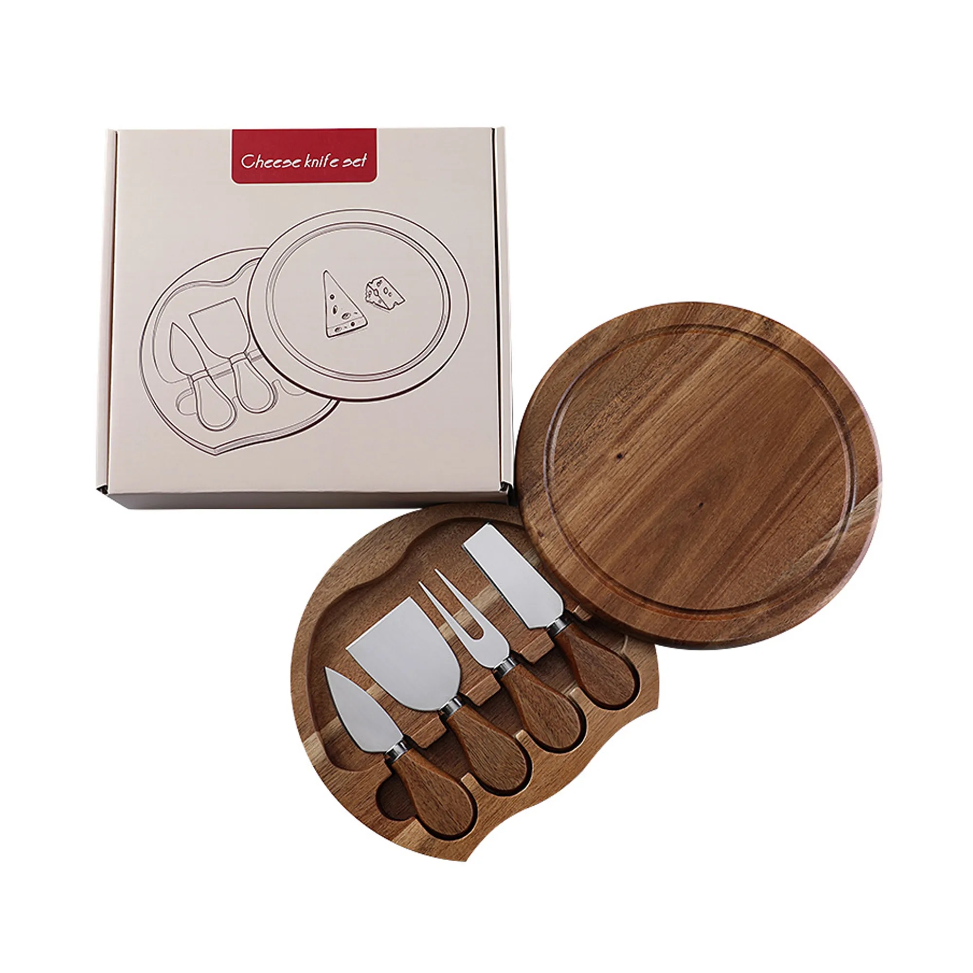 4pcs Round Oak Cheese Box Stainless Steel Knife Spatula Set 2
