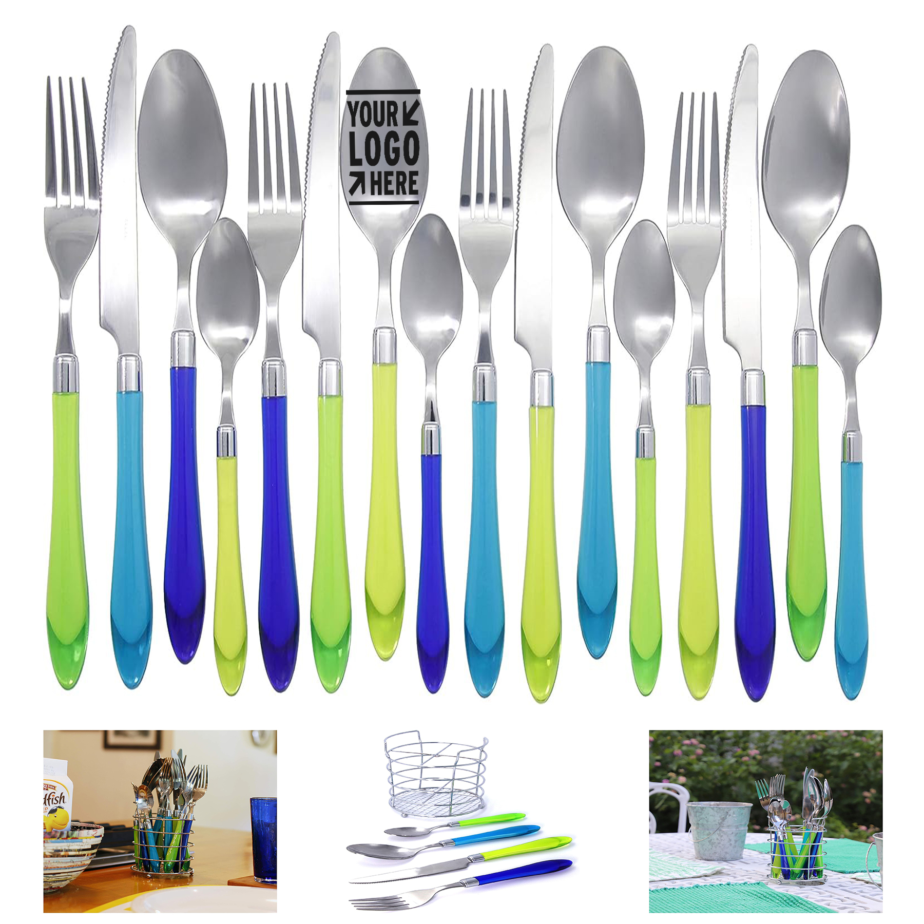 4 Pieces Original Sea Green Blue Flatware Mix Match Cutlery Set Translucent Handles Eating Utensil
