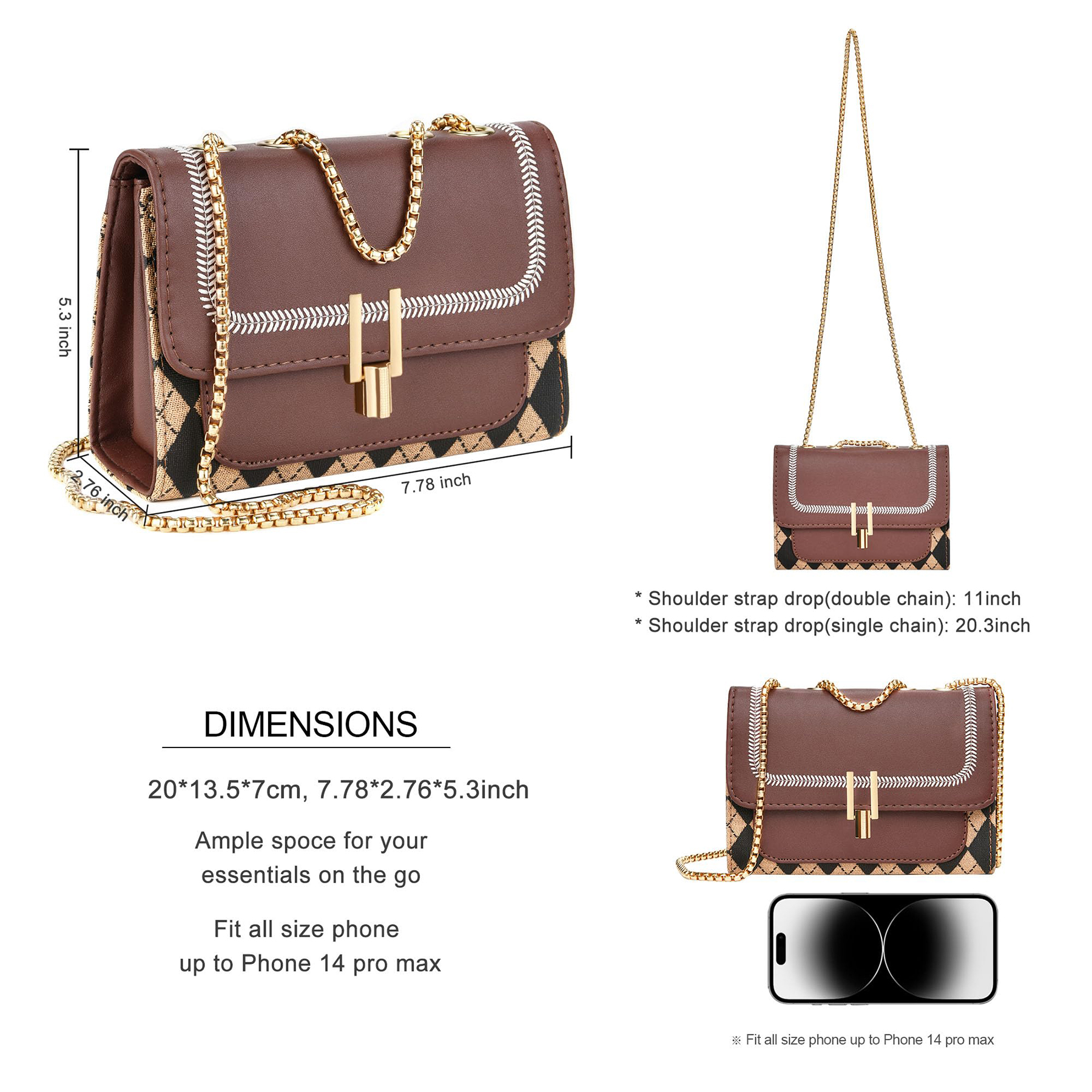 Pu Trendy Crossbody Bags with Chain Strap women Brown 4