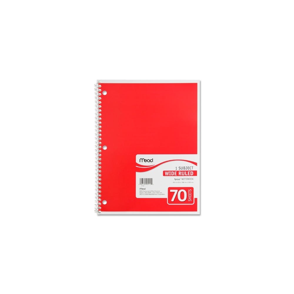 1 Subject Wide-Ruled Spiral Notebooks - 70 Sheets Red