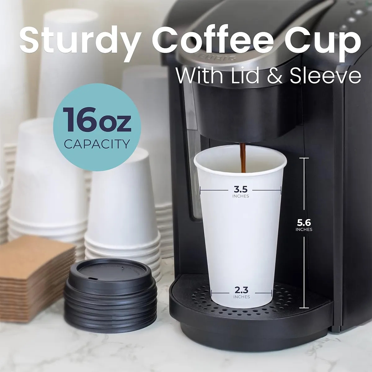 16OZ Black Dome Lid, Kraft Sleeve,White Paper Coffee Cup 2