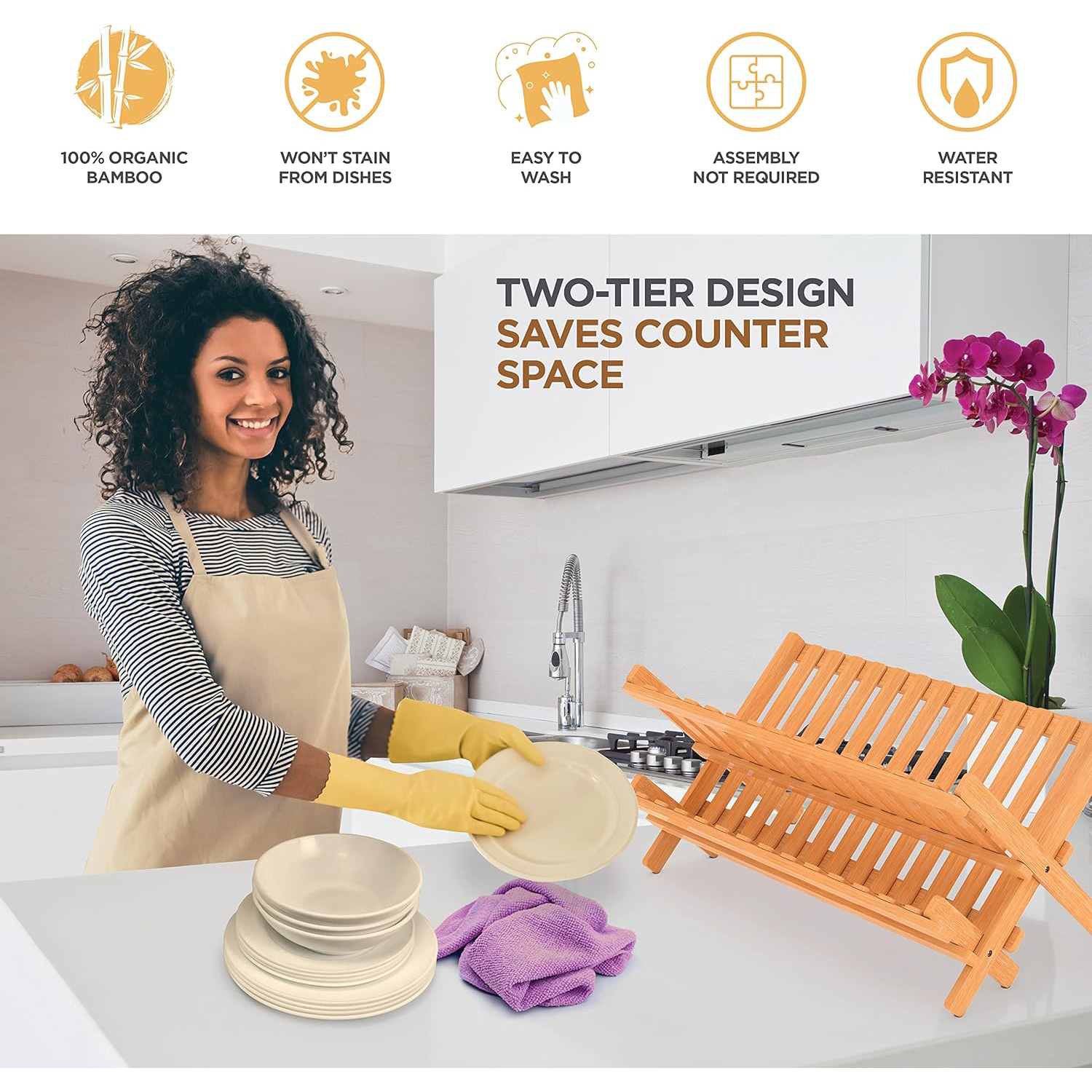 Bamboo Folding 2-Tier Dish Drying Rack with Utensil Holder 4