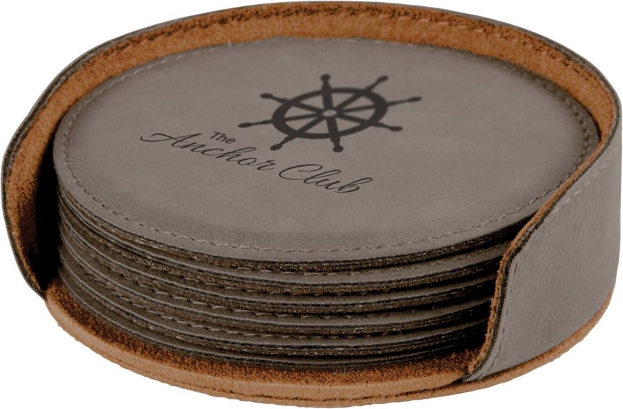4" Laserable Leatherette Round 6-Coaster Set 10