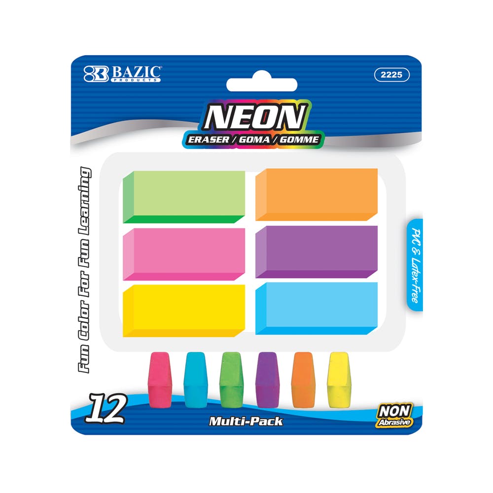 Eraser Sets - 12 Count Assorted Neon 6 Bevel & 6 Cap 2