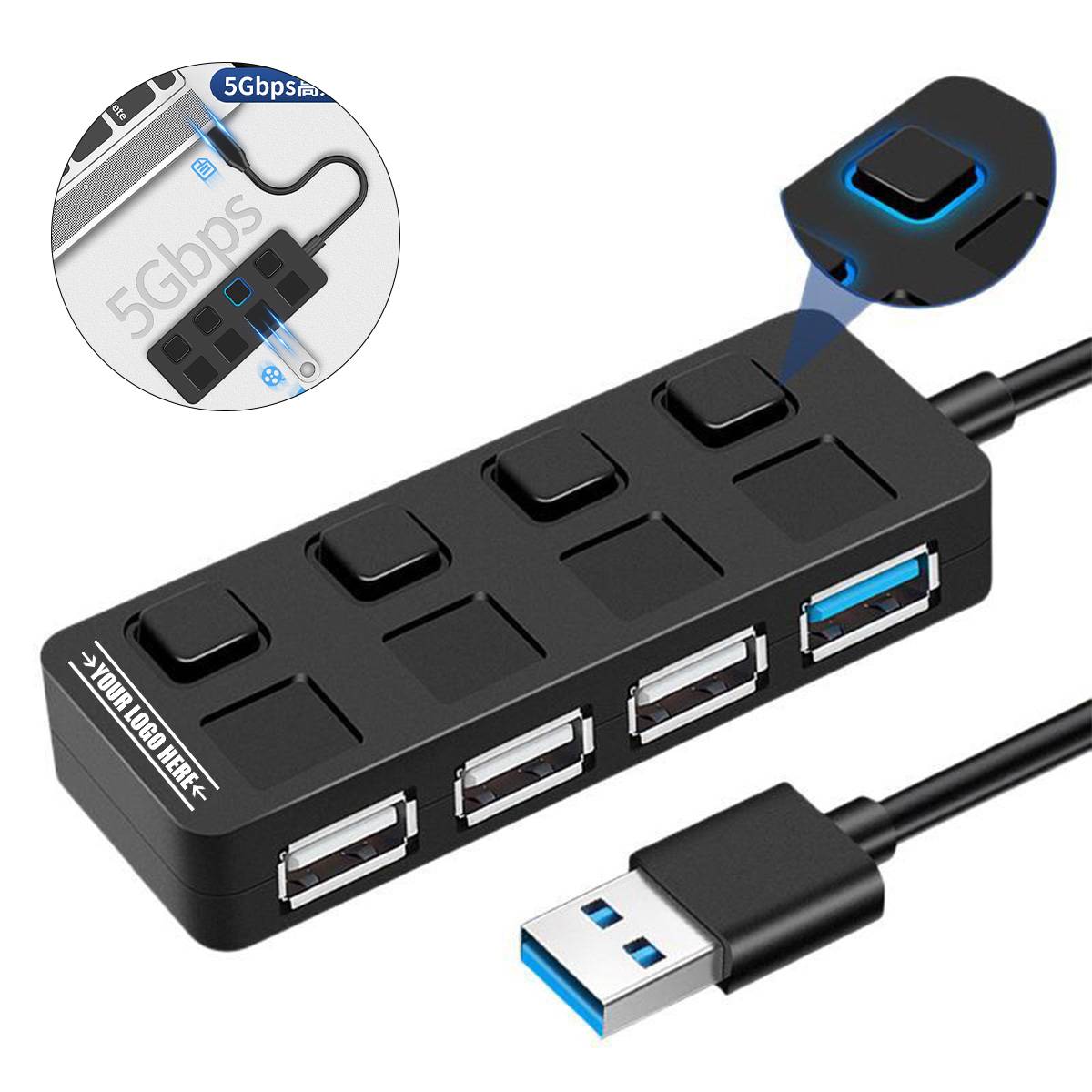 4-Port Usb 3.0 Data Hub With Separate Led-Lit Power Switch