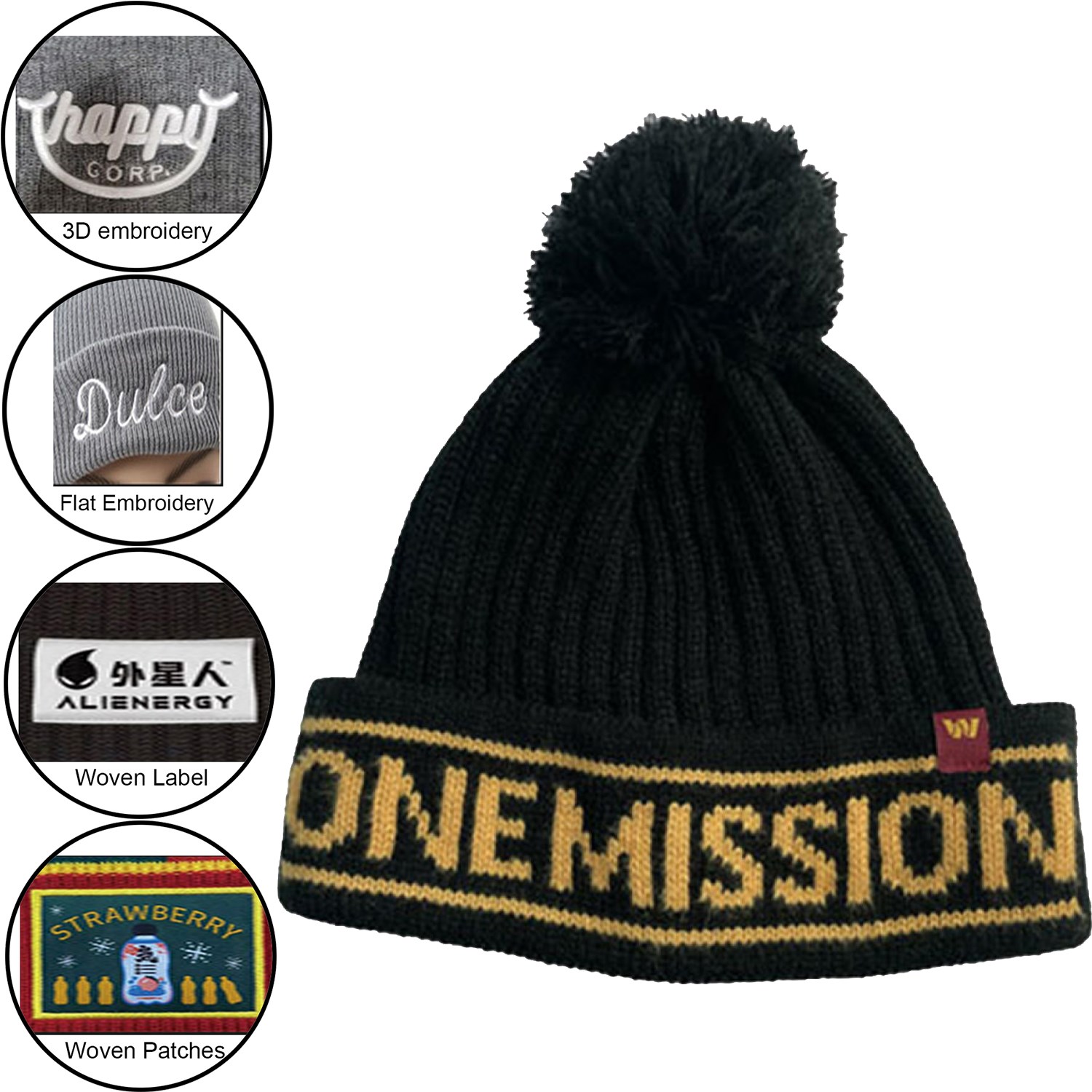 Custom made Pom Pom striped knitted Cuffed beanie with logo 3