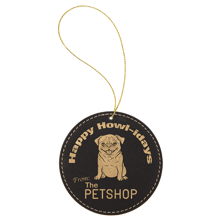 Black/Gold Leatherette Round Ornament with Gold String 2