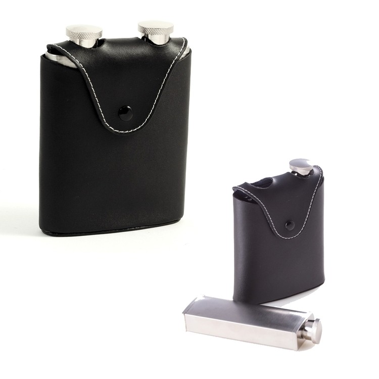 Twin 3 oz. Stainless Steel Flasks in Leather Carrying Case 1