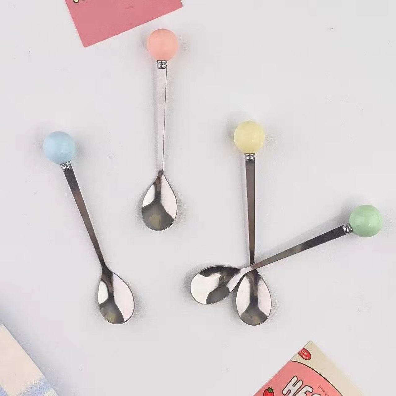 Stainless Steel Tea Coffee Dessert Ceramic Ball Spoon 3