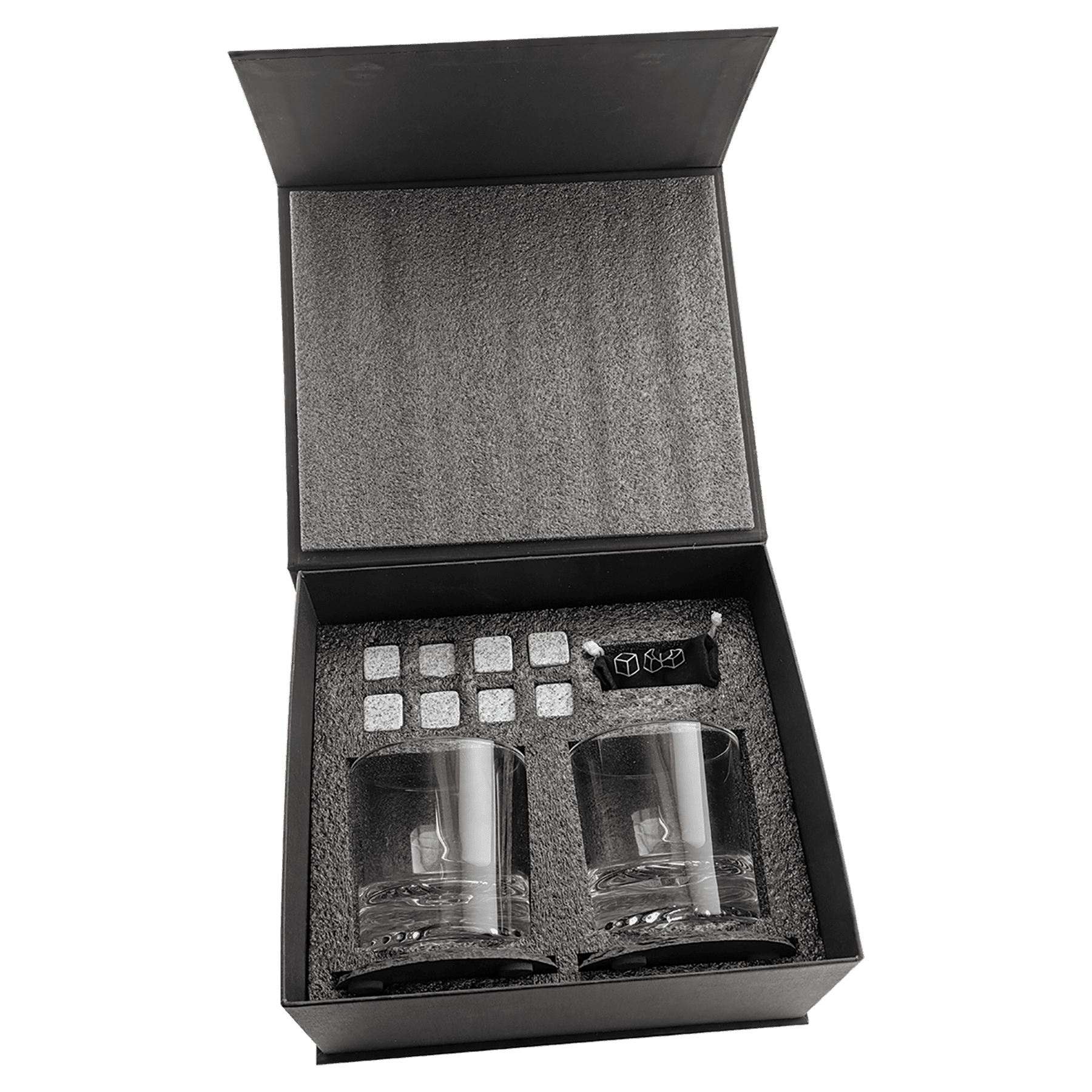 Whiskey Set with Two 9 oz. Glasses, Two 4" Slate Coasters, and 8 Granite Whiskey Stones with a Bag 2