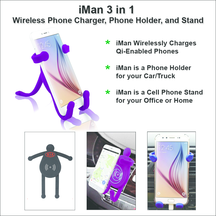 iMan 3 in 1 Wireless Phone Charger, Phone Holder, and Stand - Purple