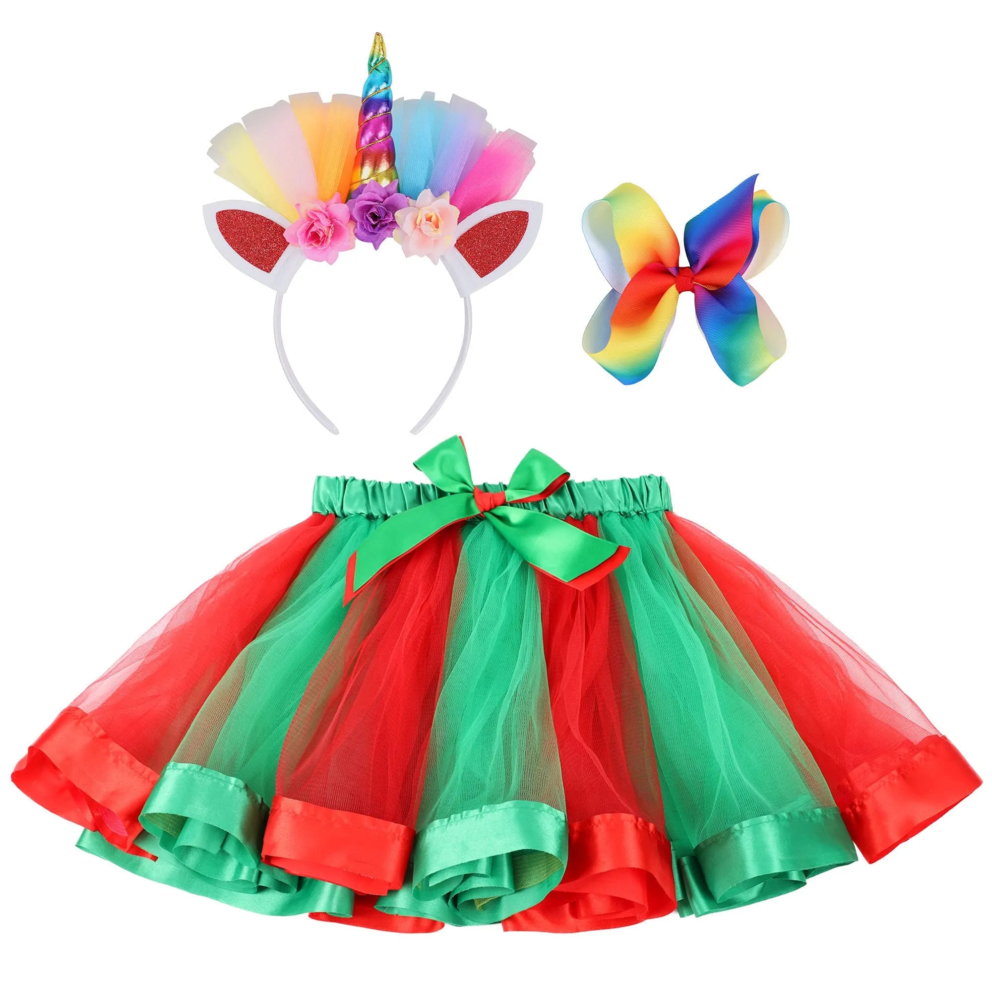 Rainbow Layered Tulle Tutu Skirt Unicorn Headband/Hair Bow 2