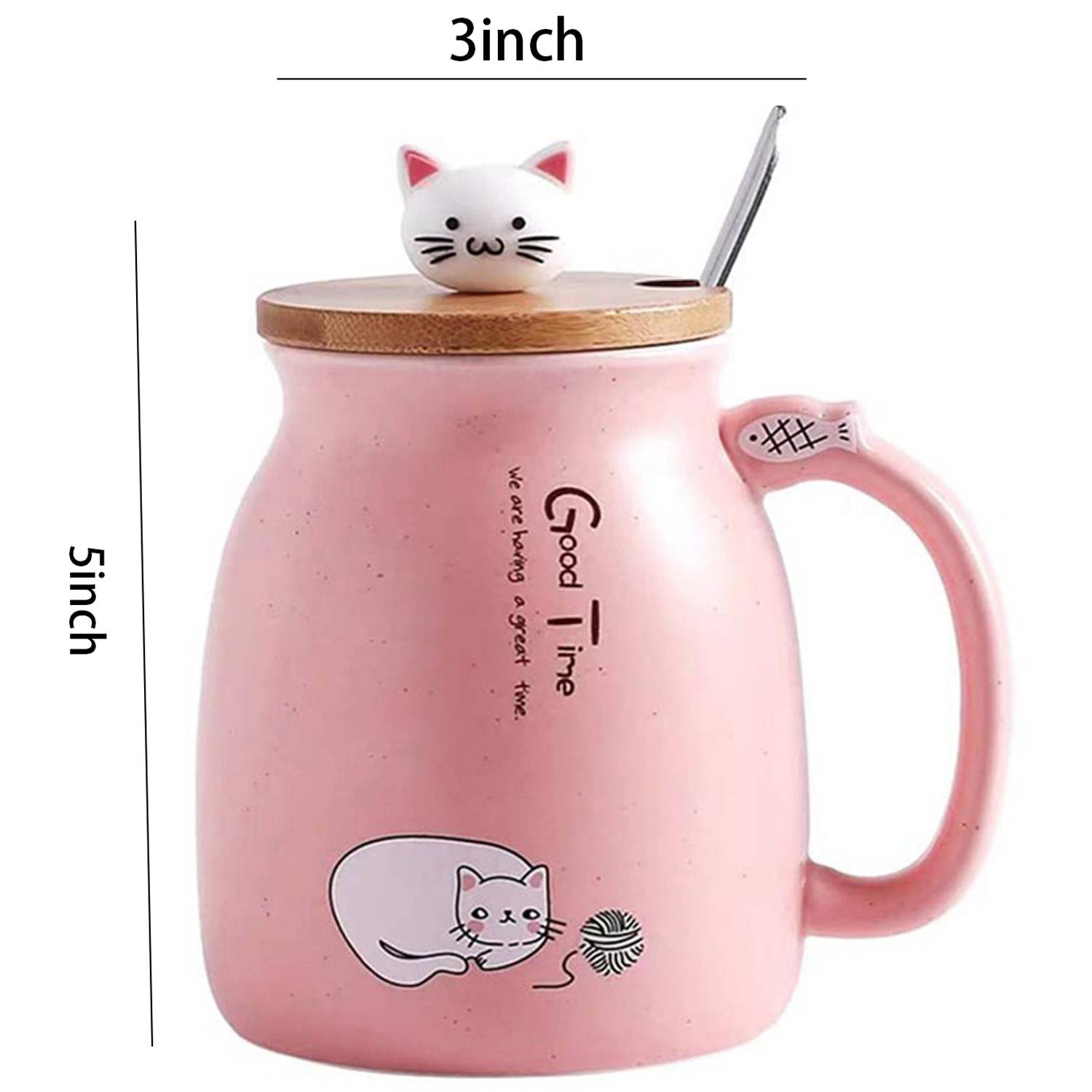 15oz Wooden Lid Cat Ceramic Mug w/ Spoon 3