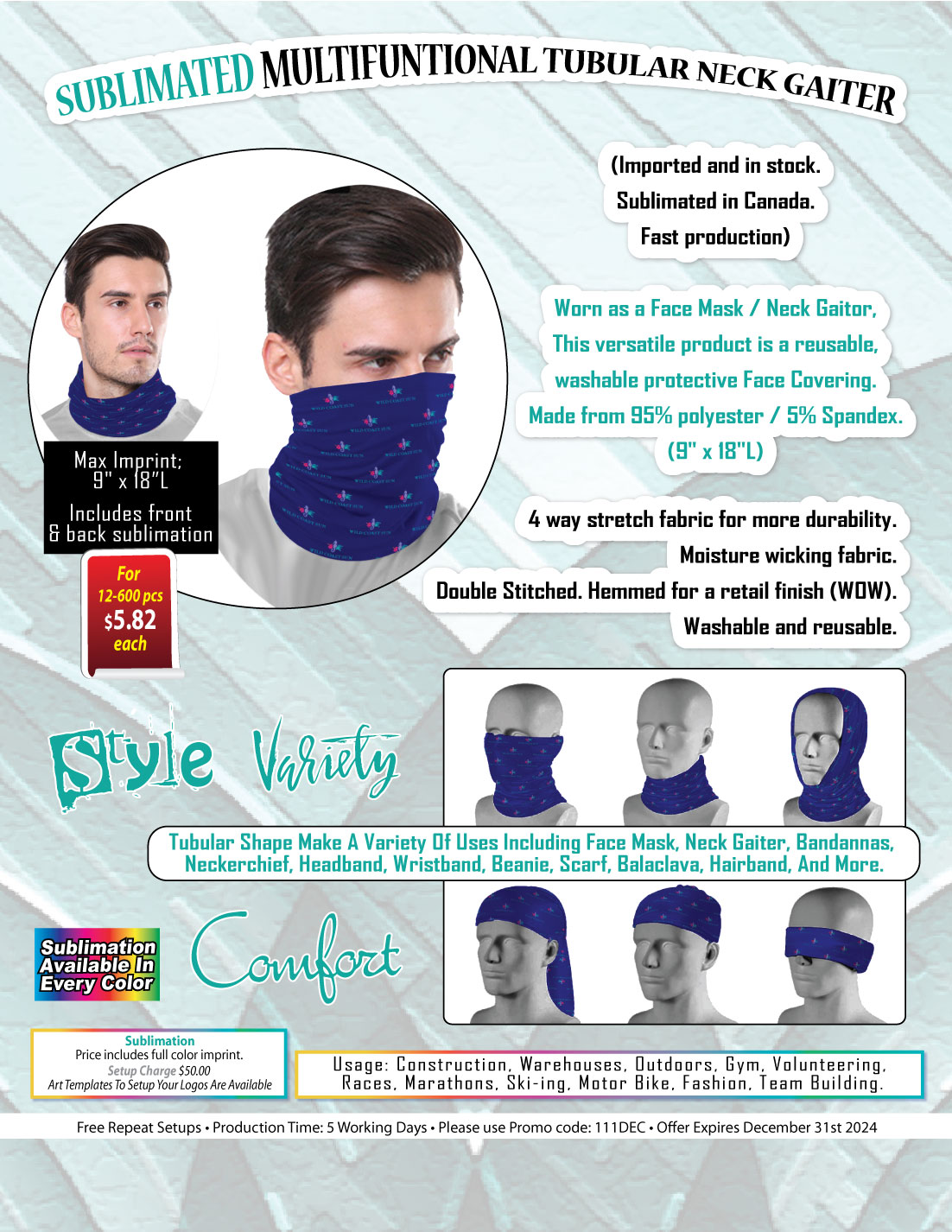 Sublimated Multifunction Tubular Neck Gaiter (In stock, Fast production) 5