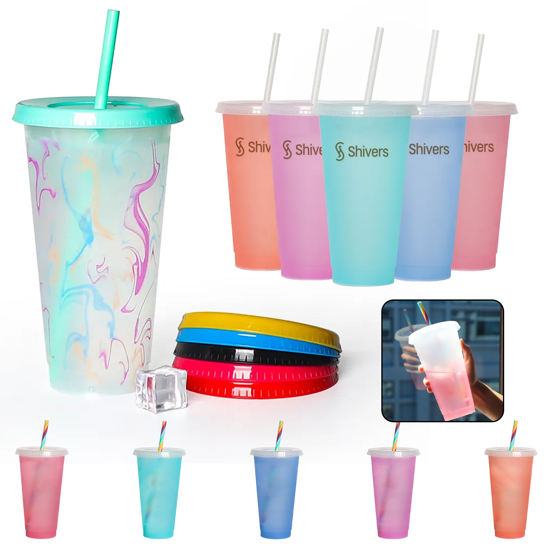 Color Changing Reusable Plastic Cold Drink Cup With Lid And 3