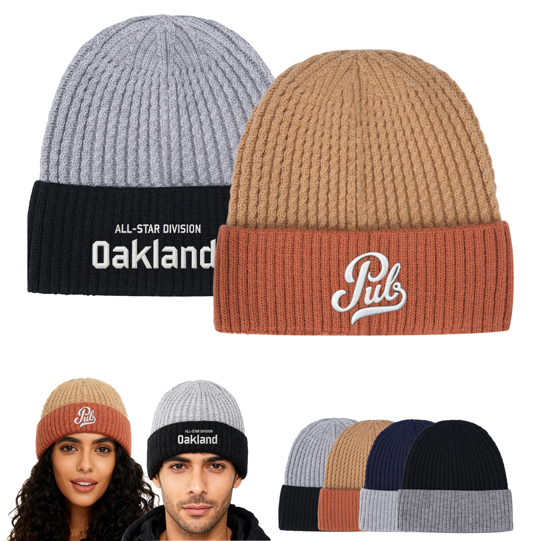 Unisex Two-Tone Cuffed Knit Beanie With Custom Logo 10