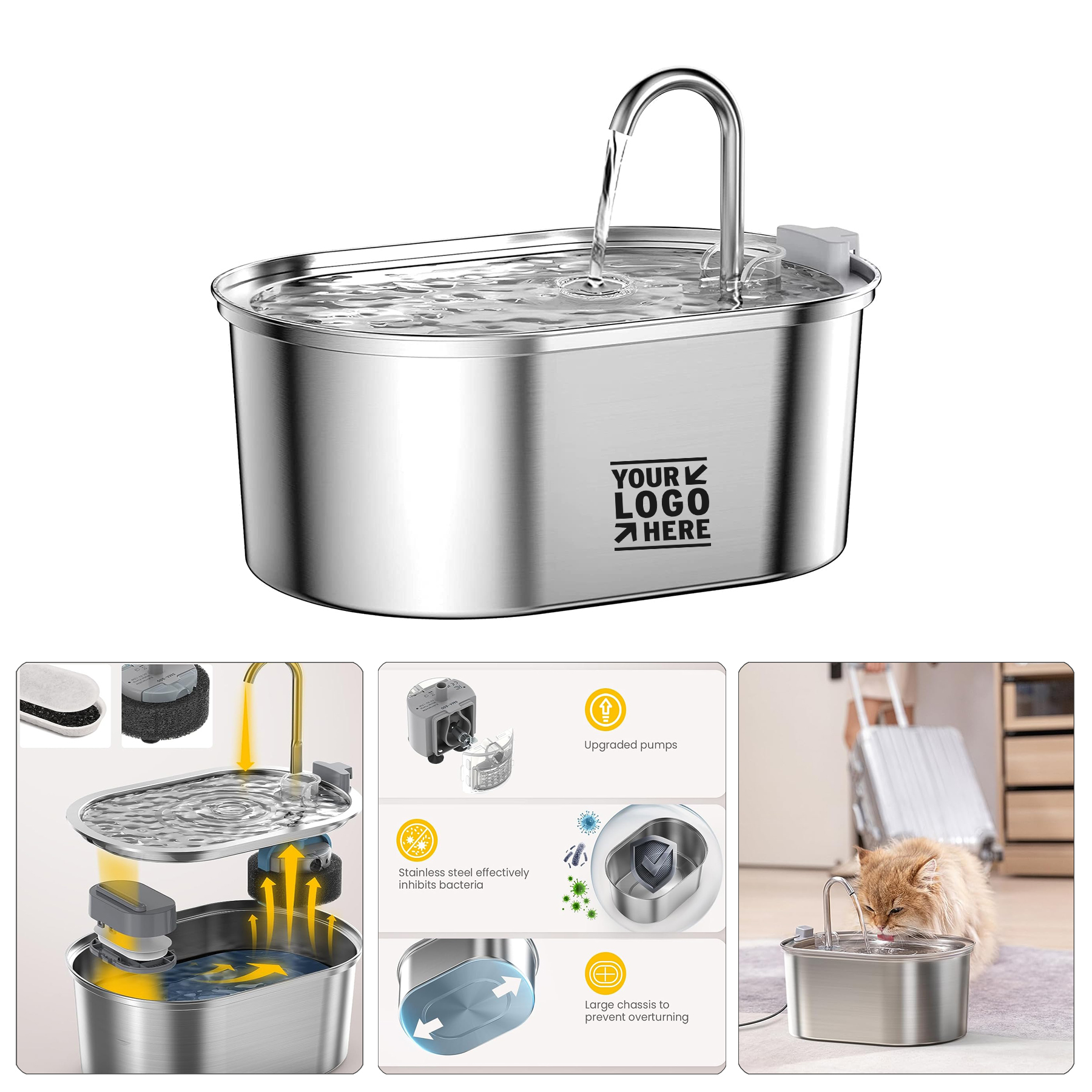 3.2L/108oz 304 Stainless Steel Automatic Multiple Pet Cat Water Fountain with Quiet Pump