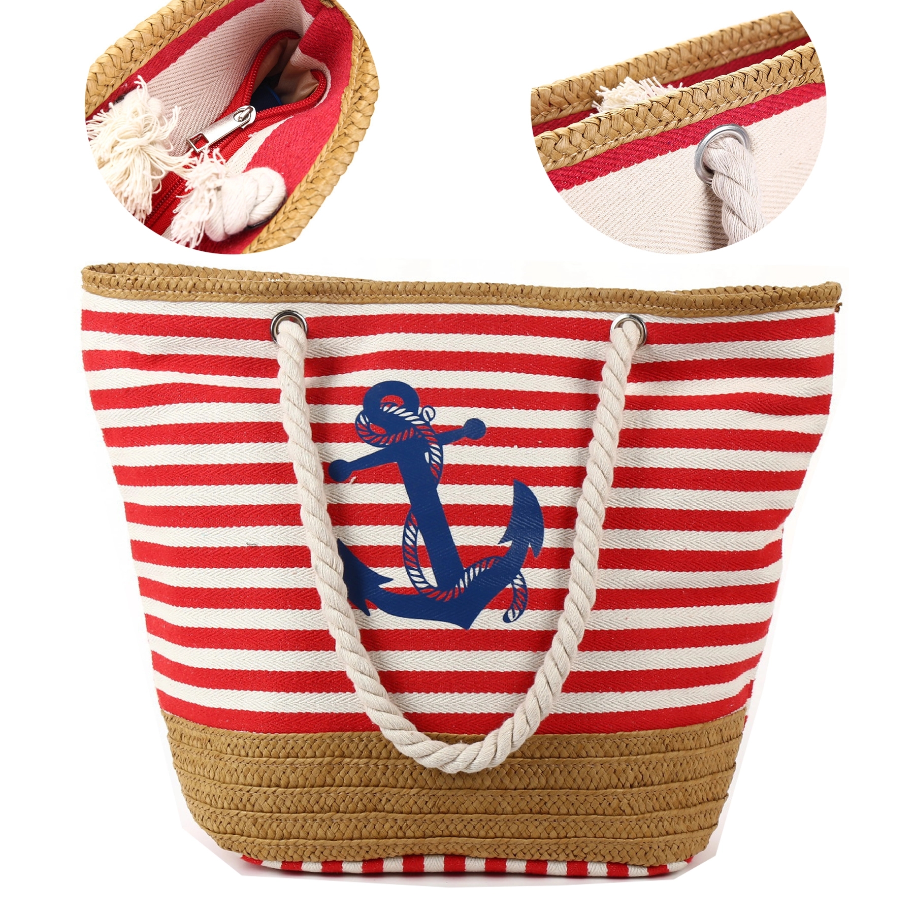 Striped Canvas Straw Woven Tote Bag 4