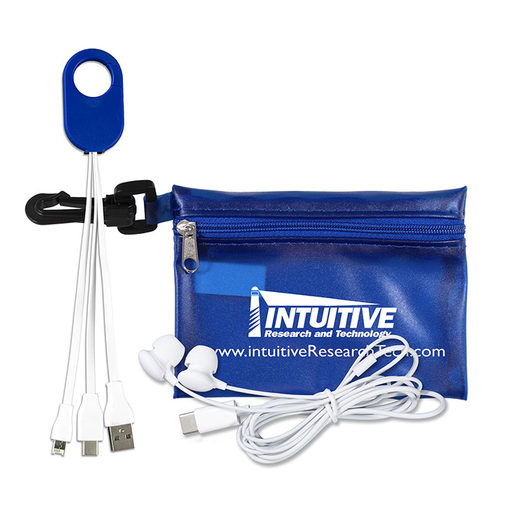 "Cambell" Mobile Tech Earbud and Charging Cables Kit In Translucent Carabiner Zipper Pouch 7