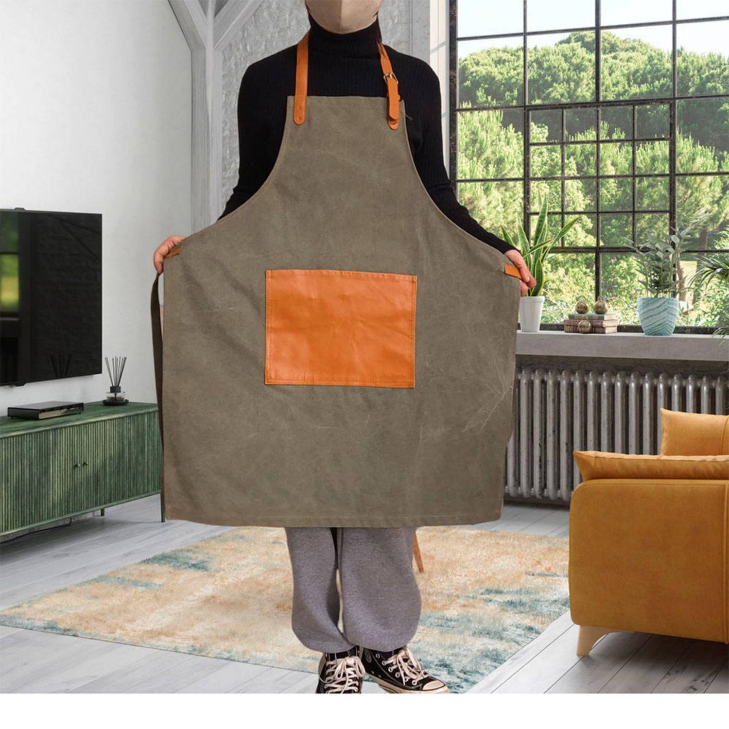 PU Leather Pocket Breathable Canvas Apron 7