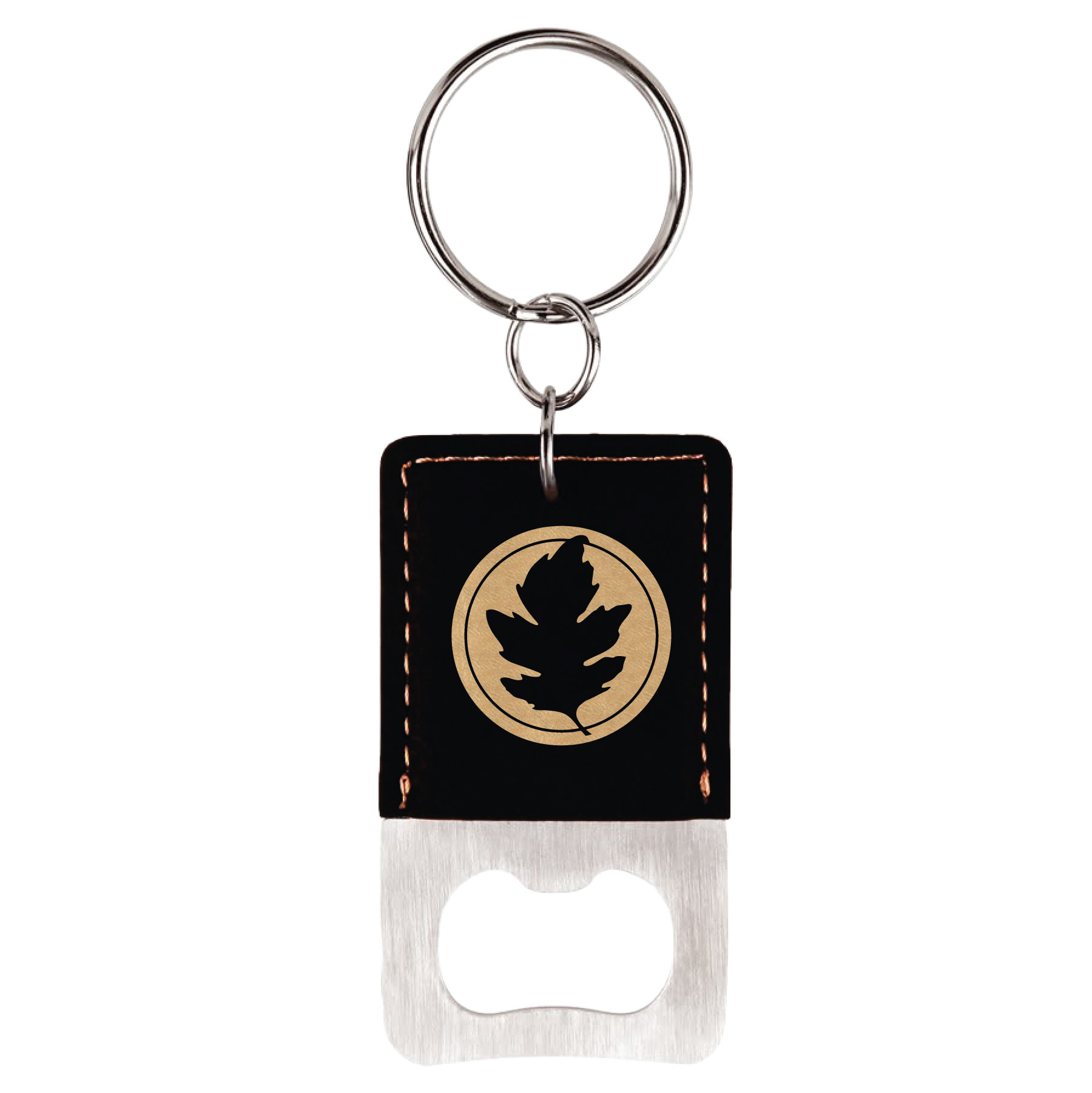 Black/Gold Rectangle Leatherette Bottle Opener Keychain