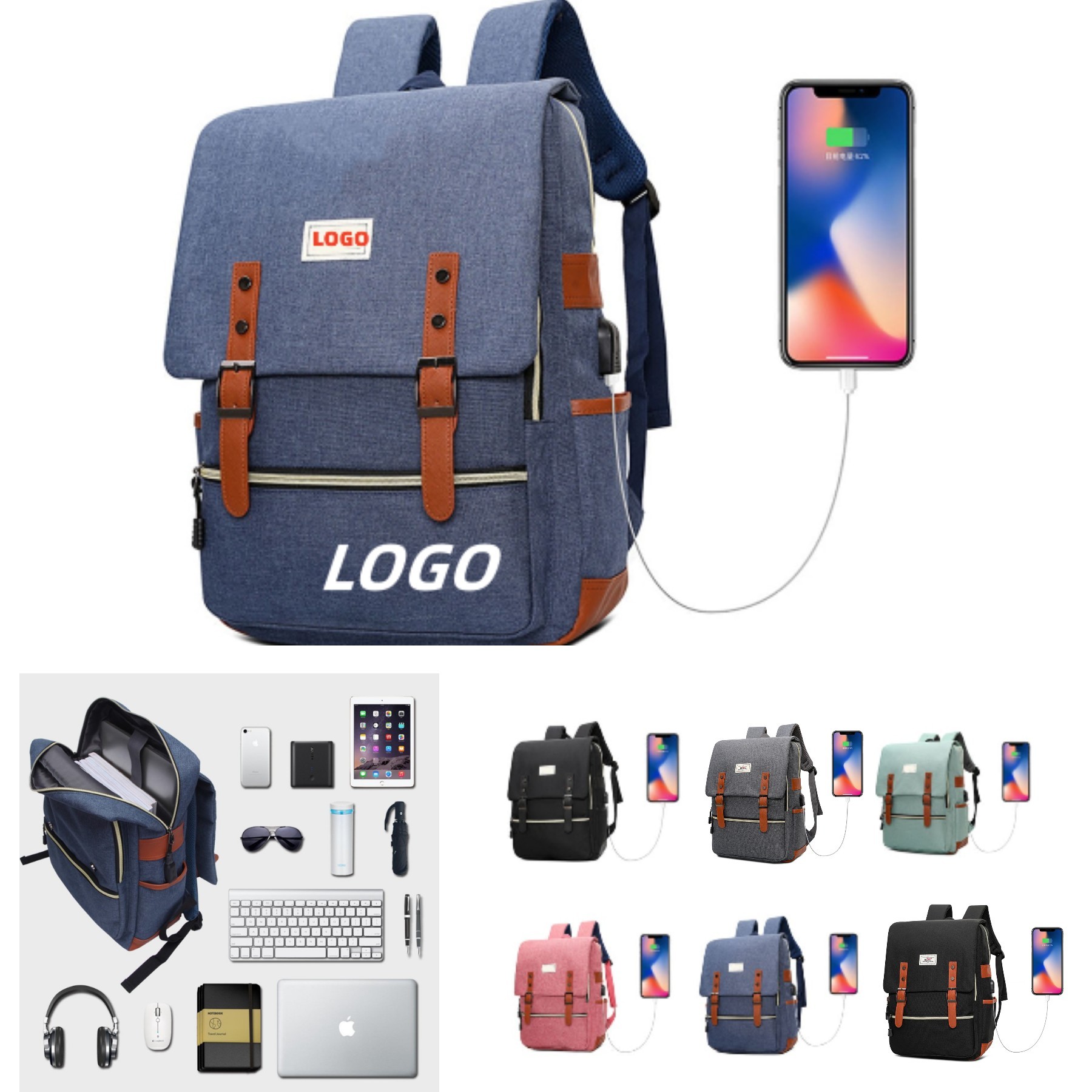 Vintage Laptop Backpack with USB Charging Port