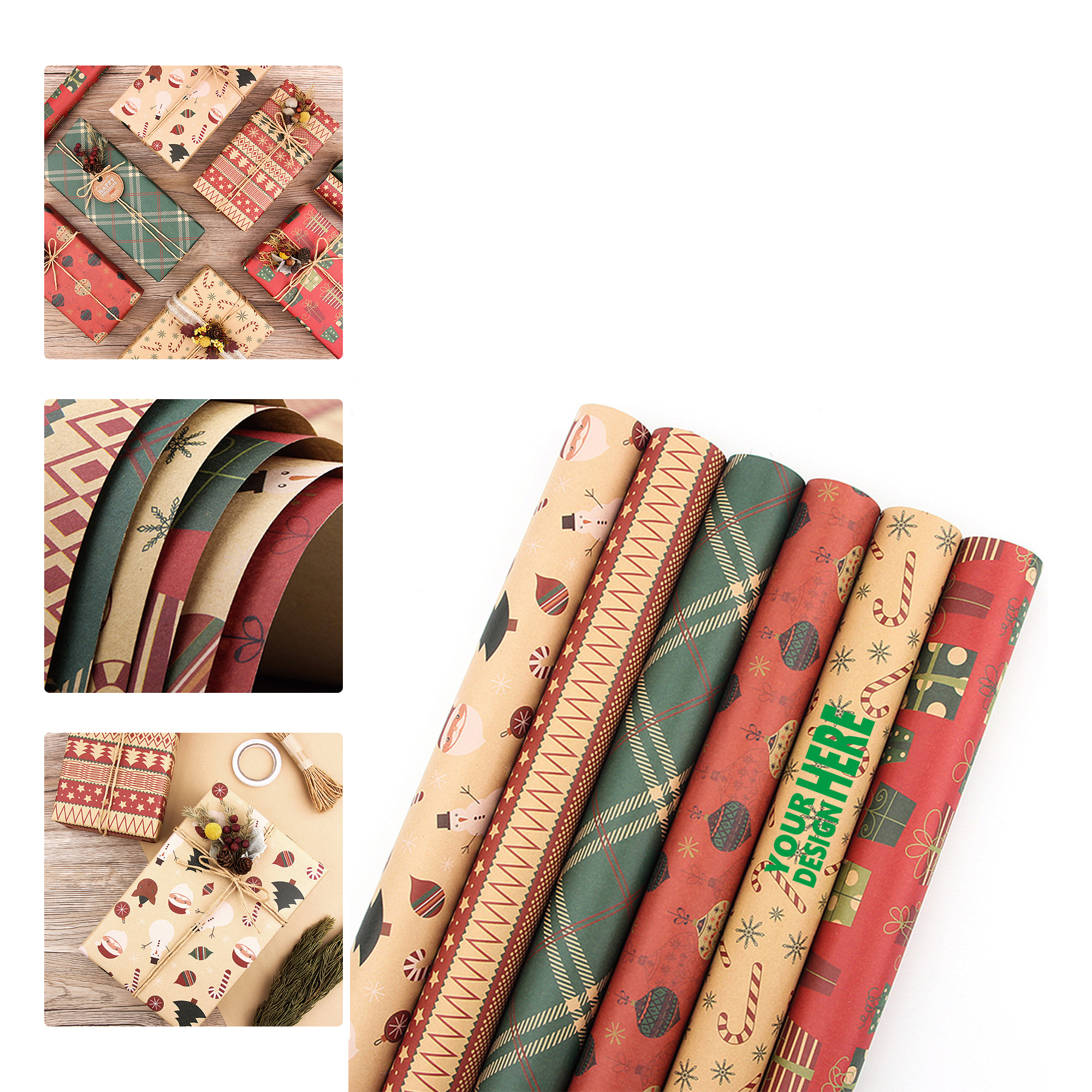 MOQ 50 Vintage Christmas Kraft Gift Wrapping Paper Set 2