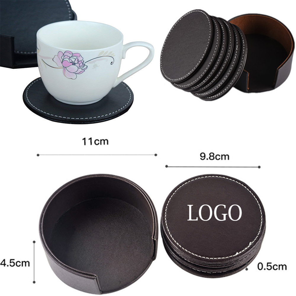 Set of 6pc Round PU Leather Coaster, custom desk accessory with logo imprint 2