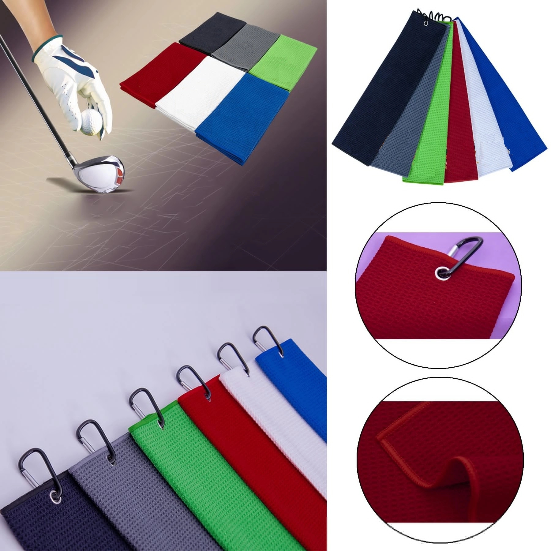 Microfiber Waffle Pattern Tri-fold Golf Towel W/Carabiner 3