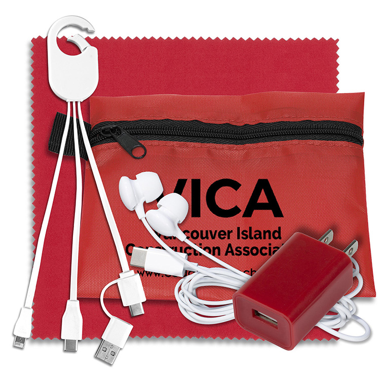 Mobile Tech Charging Kit with Earbuds, Charging Cable and Charger In Zipper Pouch 2