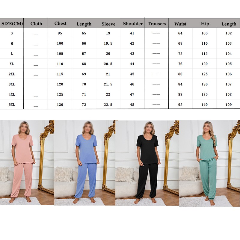 Women Soft Pajamas Short Sleeve Trousers Elegant Casual Two-Piece Solid 4