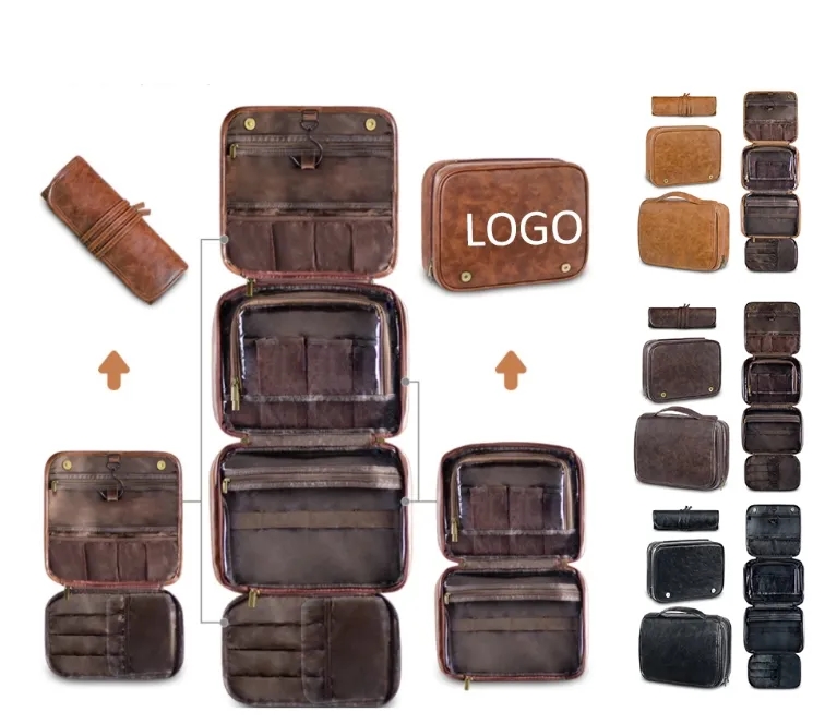 Custom Logo Hanging PU Leather Toiletry Bag Wholesale Bulk Travel Cosmetic Organizer 5