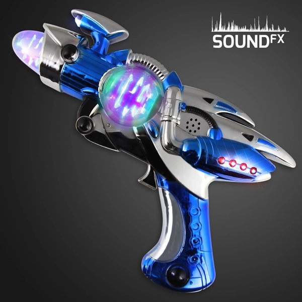 Large blue light up sound effects gun with spinning globe 3