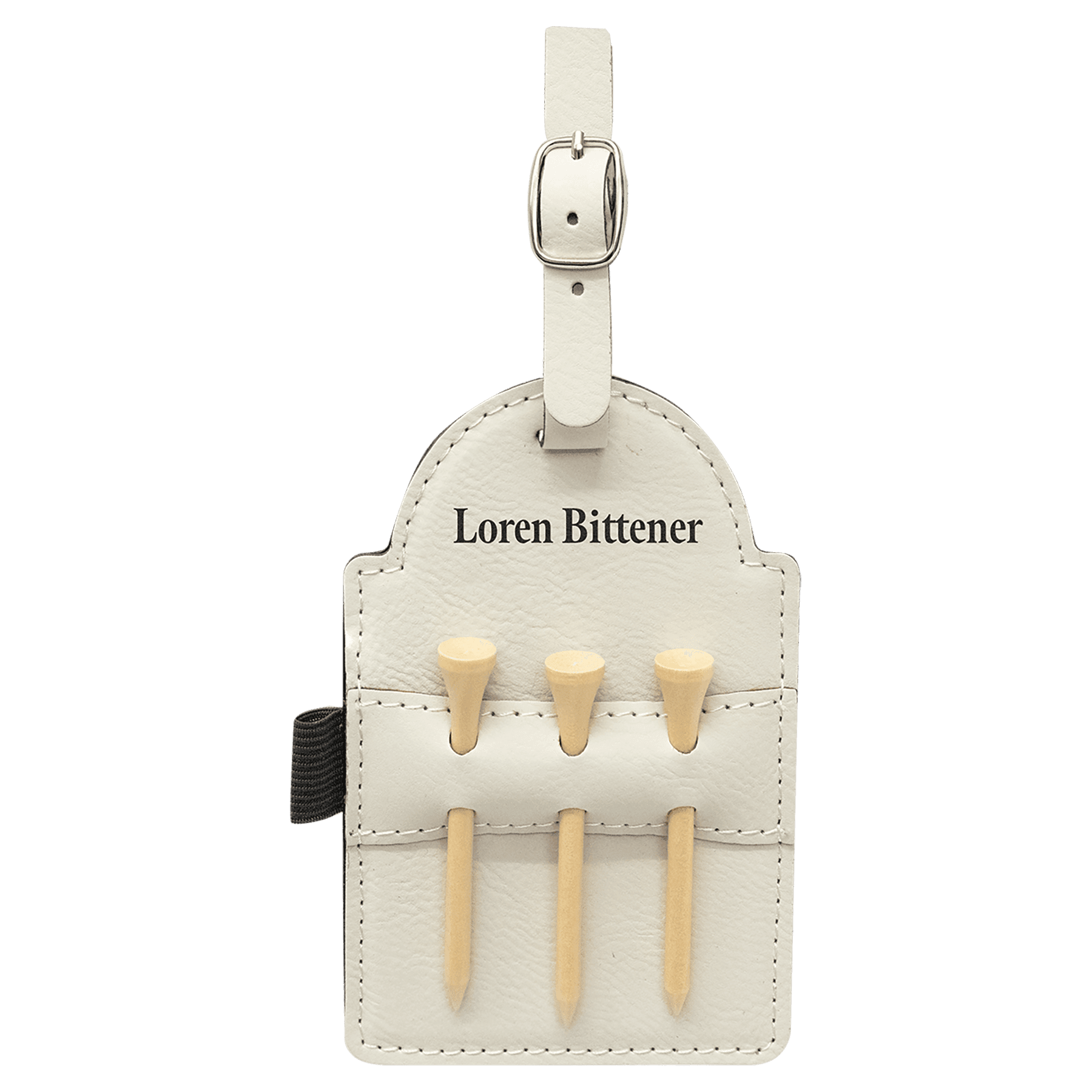 5" x 3 1/4" White Leatherette Golf Bag Tag with 3 Wooden Tees 2