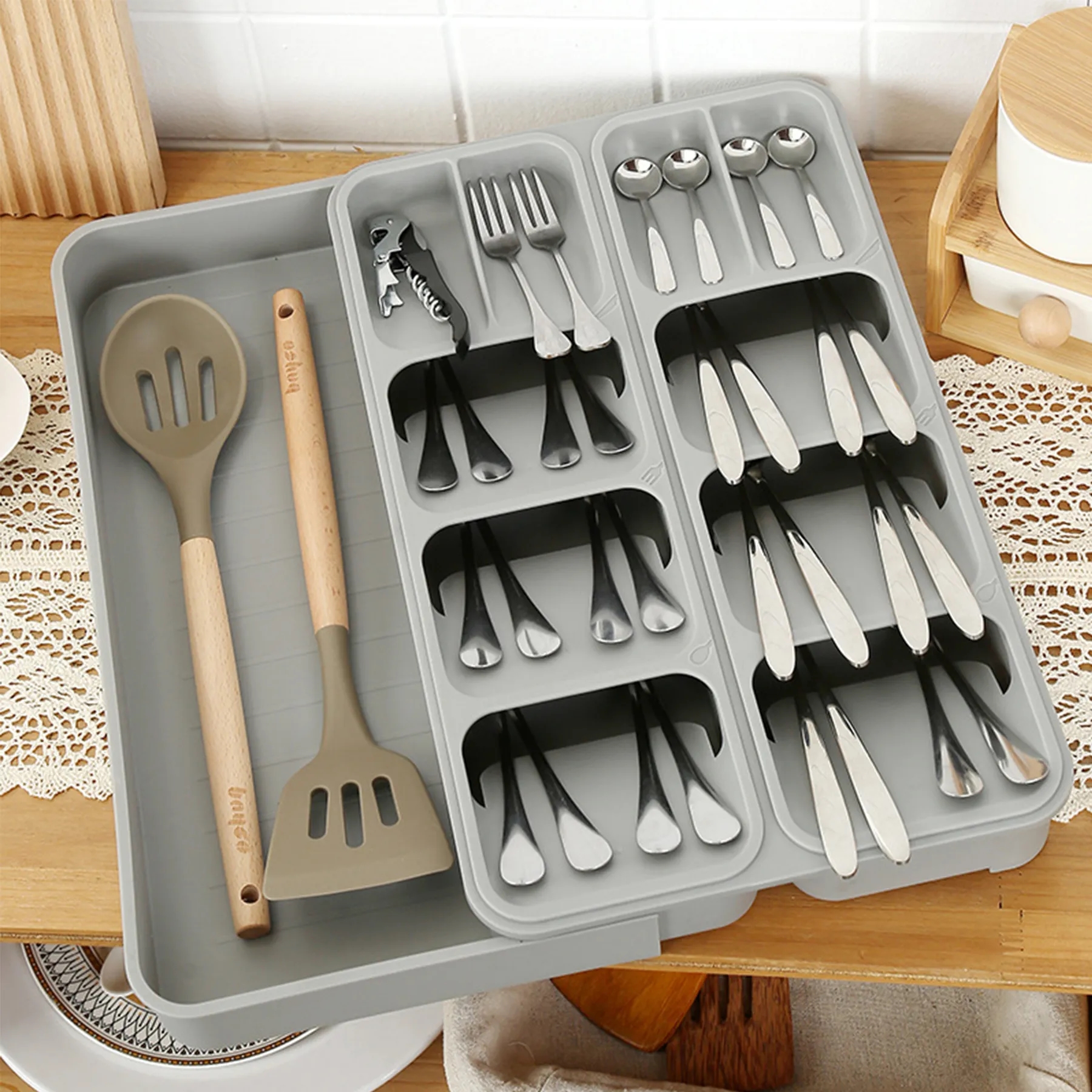 Polypropylene Double Cutlery Kitchen Drawer Storage Box 2