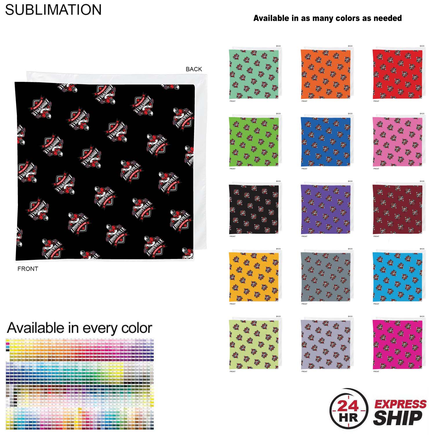 24 Hr Express Ship - Team Building Colored Sublimated Bandanna, 22"x22", Sublimated 7