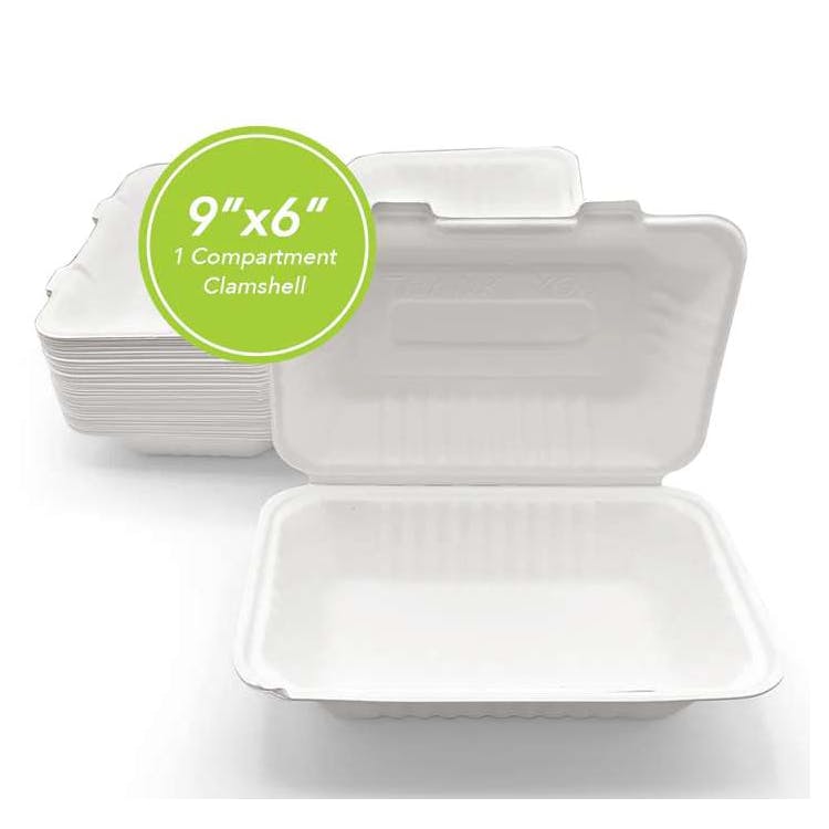 Three Leaf 9"x6" 1 Compartment Bagasse Clamshell 50 Pack 1