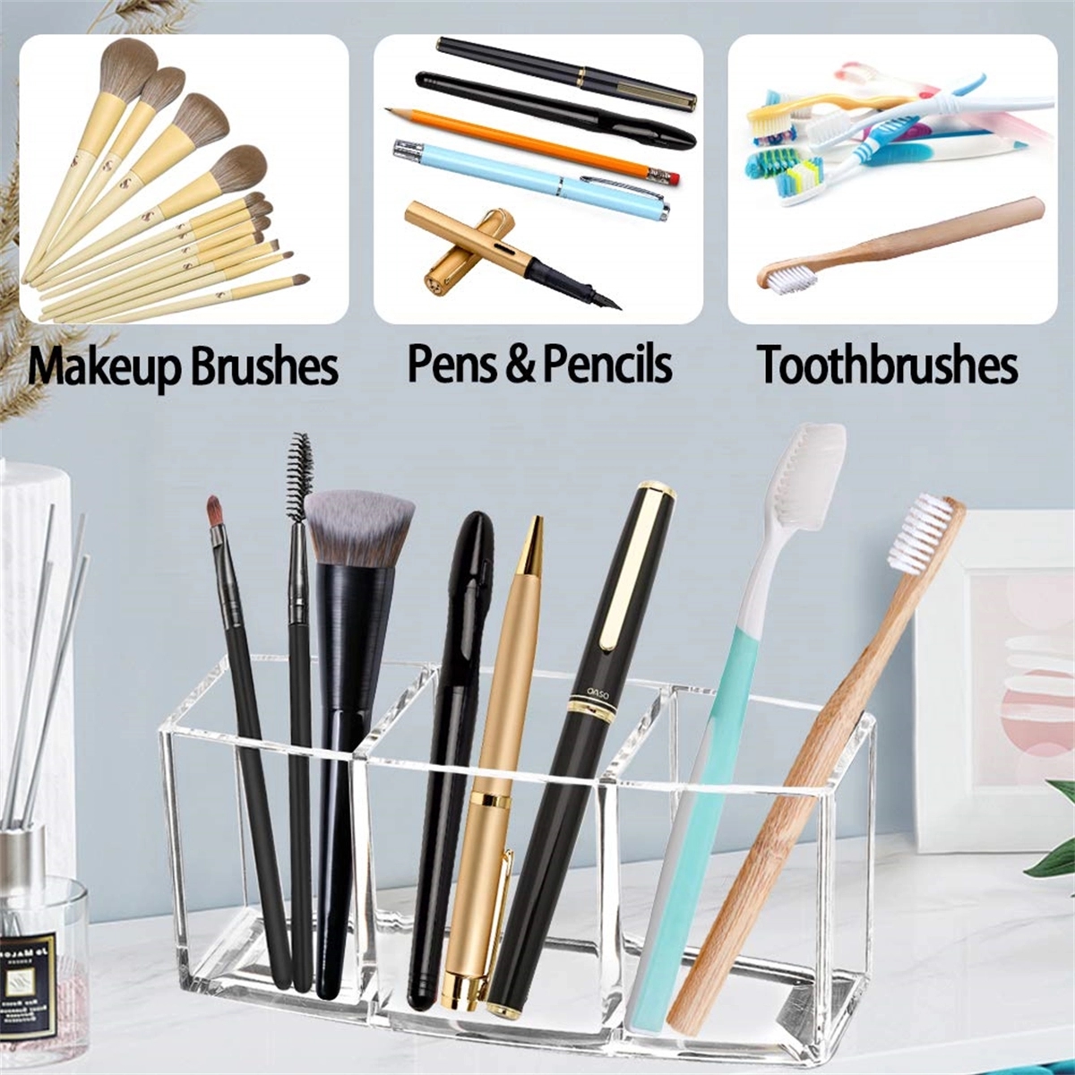 Clear Makeup Brush Holder Organizer with 3 Slots 4