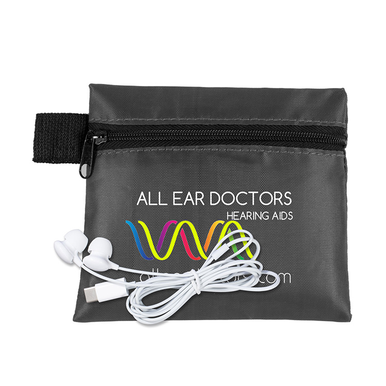 Mobile Tech Earbud Kit In Zipper Pouch Components inserted into Polyester Zipper Pouch 4