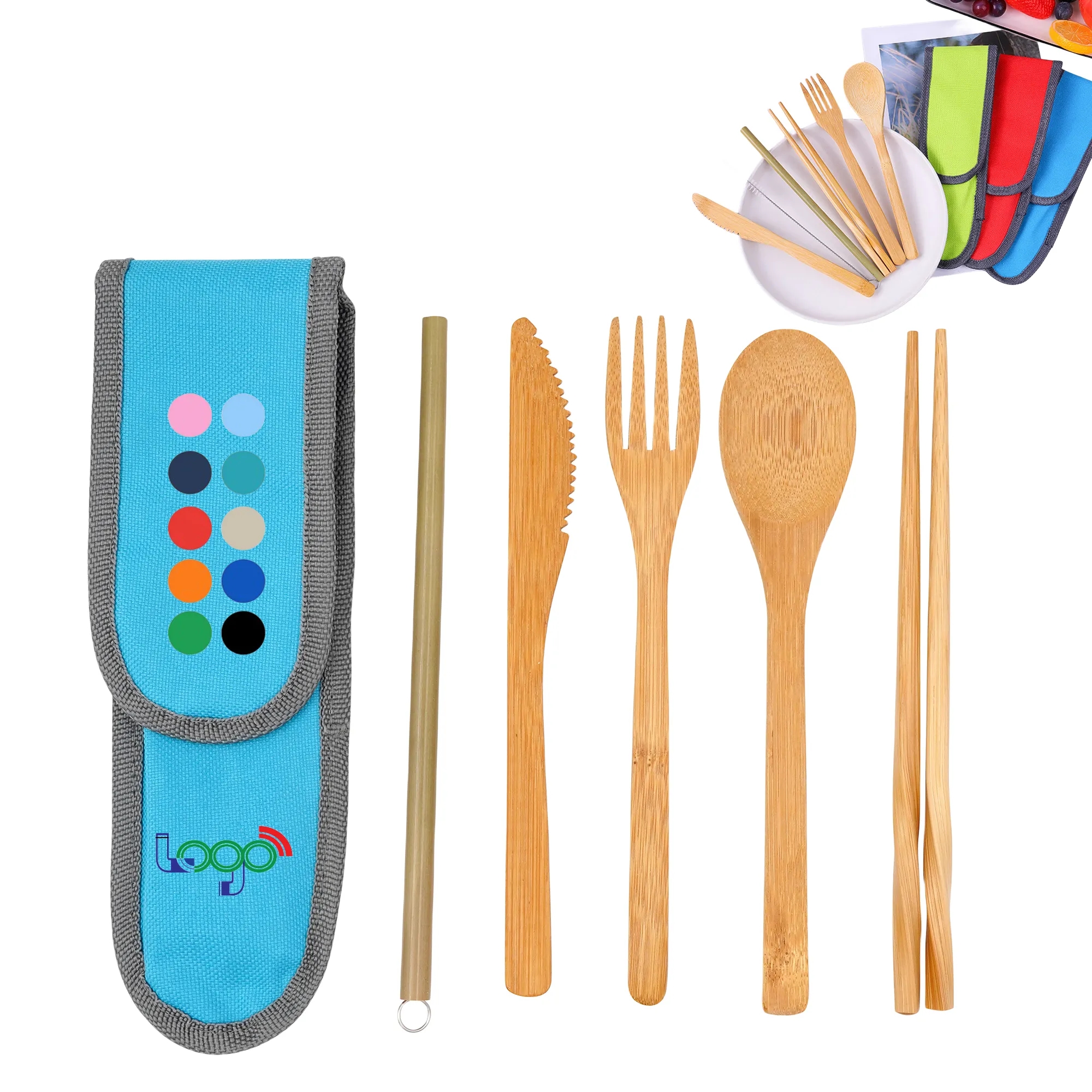 Custom Logo Bamboo Tableware Portable Set Outdoor Camping 5