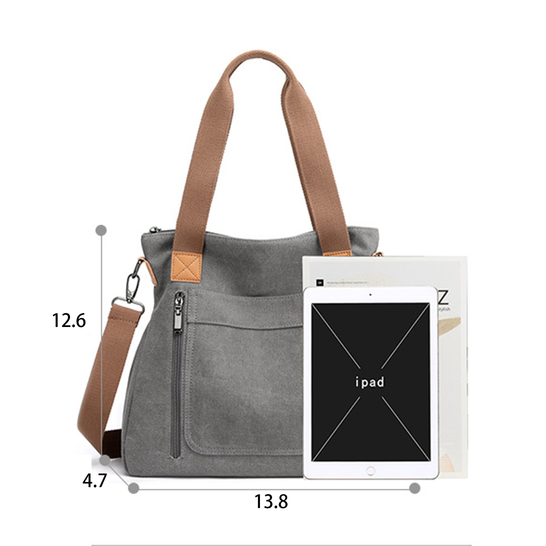 Canvas Multi-pocket Tote Bag, custom tote bag with logo imprint 2