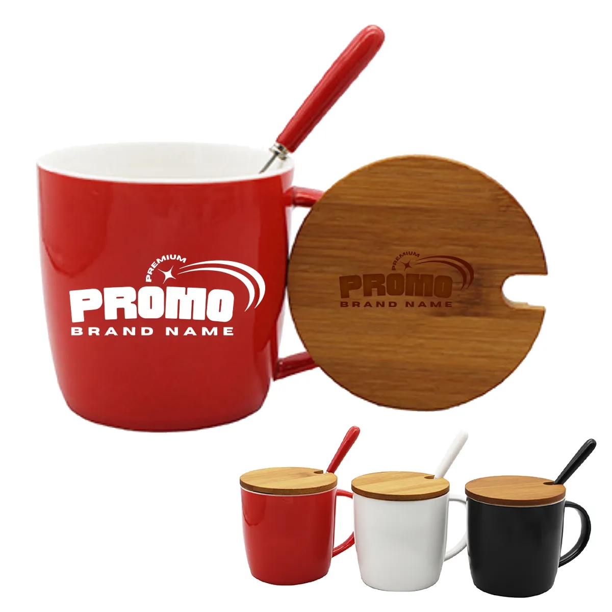 16oz. Ceramic Coffee Cup Mug with Spoon and Wooden Lid 2
