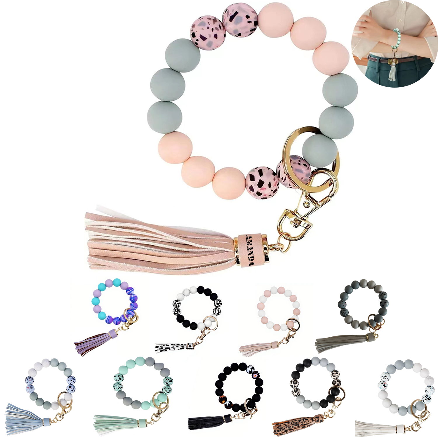 Silicone Beaded Tassel Bracelet Keychain 3