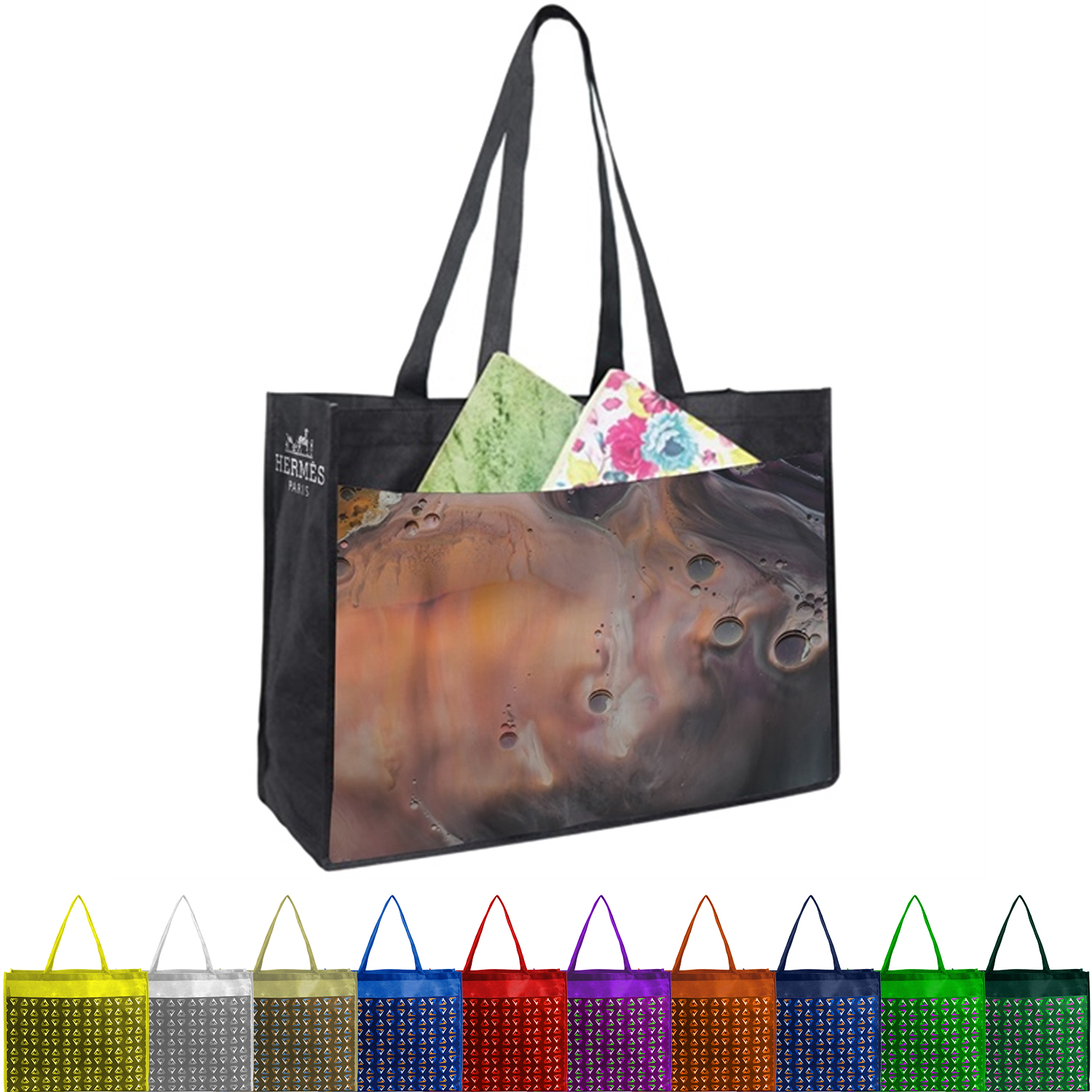 PET Non-Woven Tote Bag with Sublimated Front Pocket & Gusset (18" x 16" x 5") 1