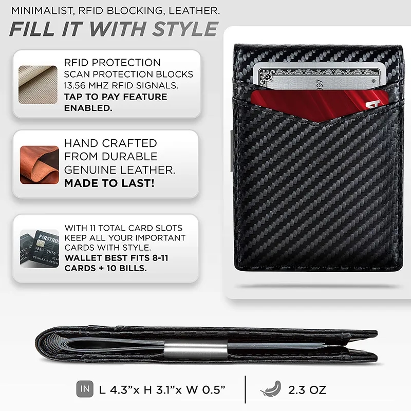RFID Blocking Carbon Fiber Leather Wallet Slim Card Holder 5