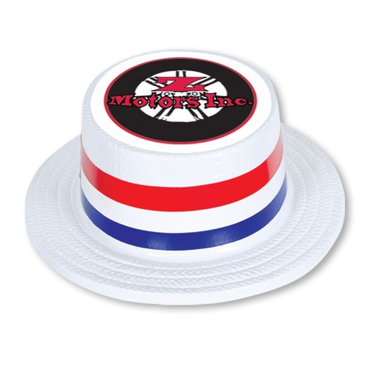White Plastic Skimmer Hat w/ Custom Digital Printed Band & Icon on Top 1