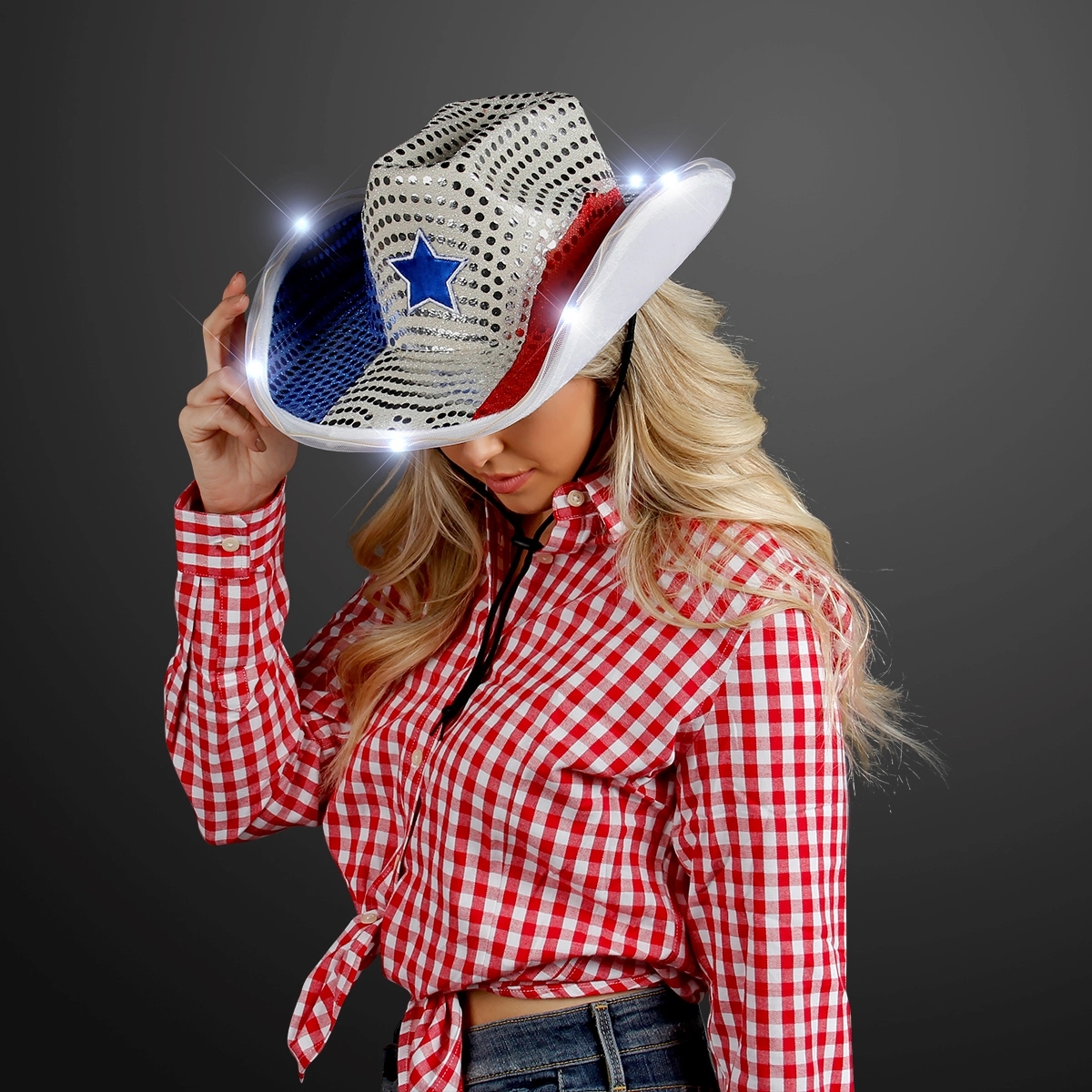 Red, White & Blue LED Cowboy Hat with Black Band 6
