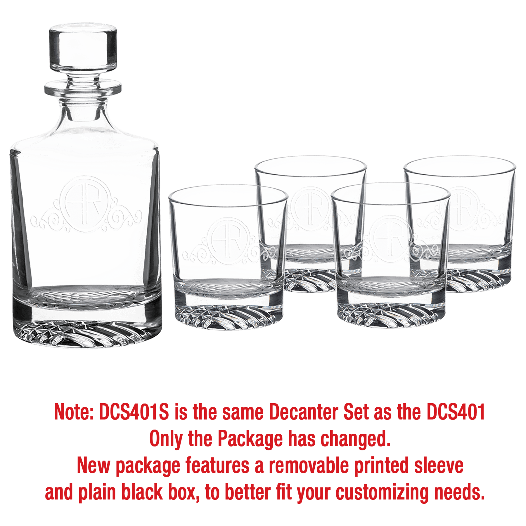 850ml Round Glass Decanter Set with Four DG401S 9 oz. Glasses in a Black Gift Box with Printed Paper 2