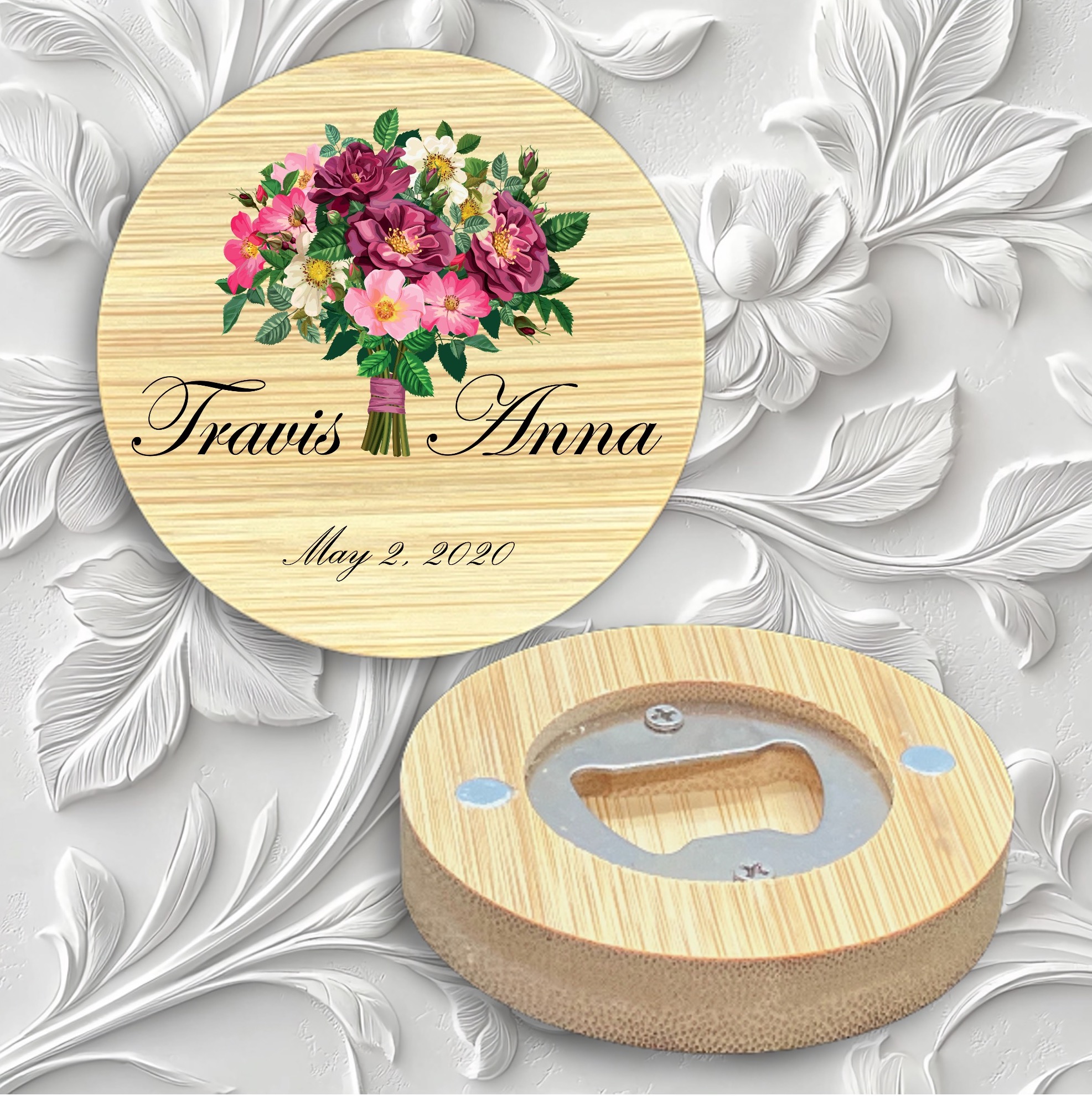 2.5" Round BAMBOO Bottle Opener Magnet 12